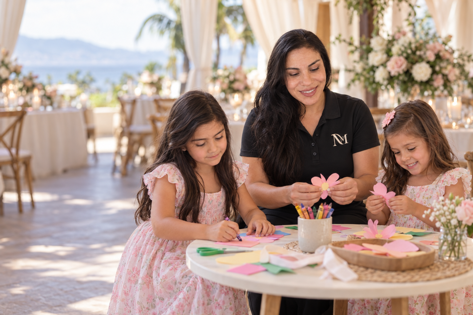 Nanny Mía caring for children during a destination wedding